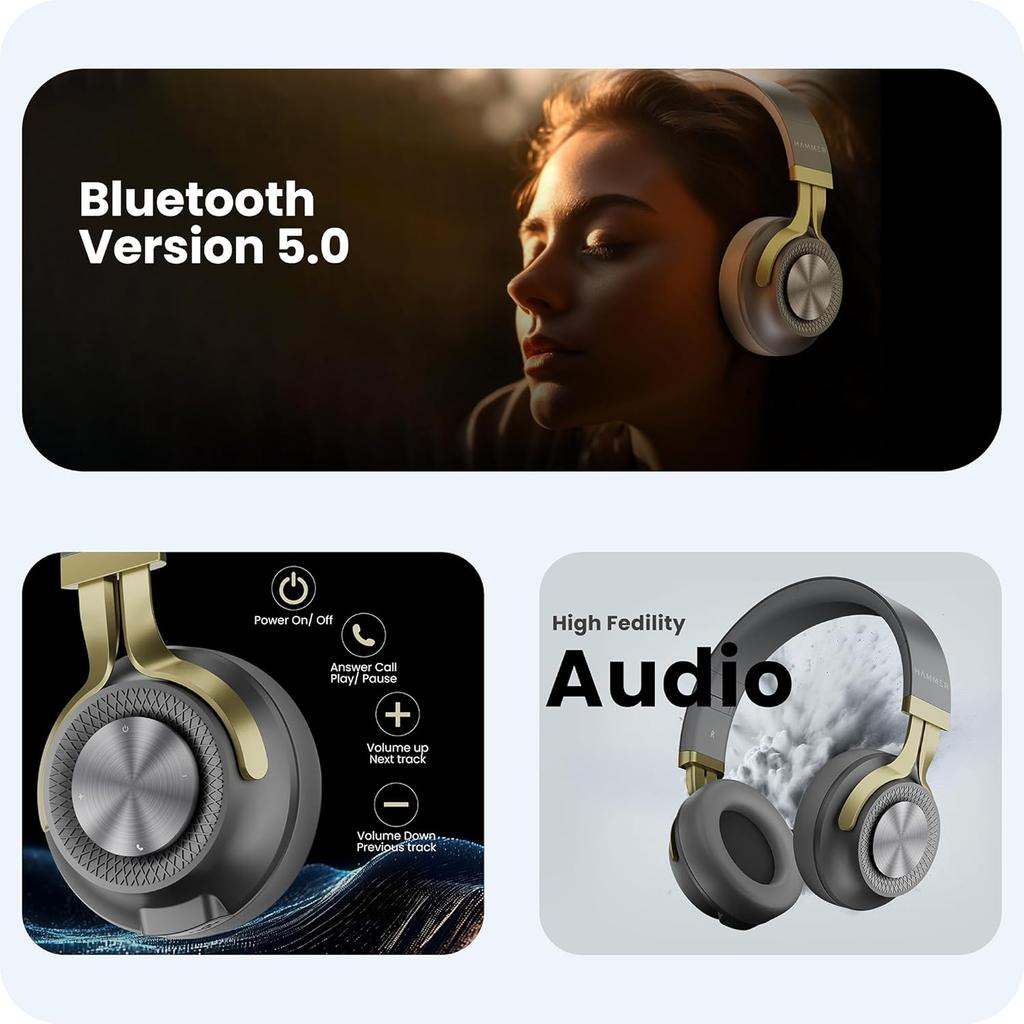 Hammer Bash 2.0 Over The Ear Wireless Bluetooth Headphones with Mic, Deep Bass, Foldable Headphones, Upto 8 Hours Playtime, Bluetooth 5.0 (Grey)
