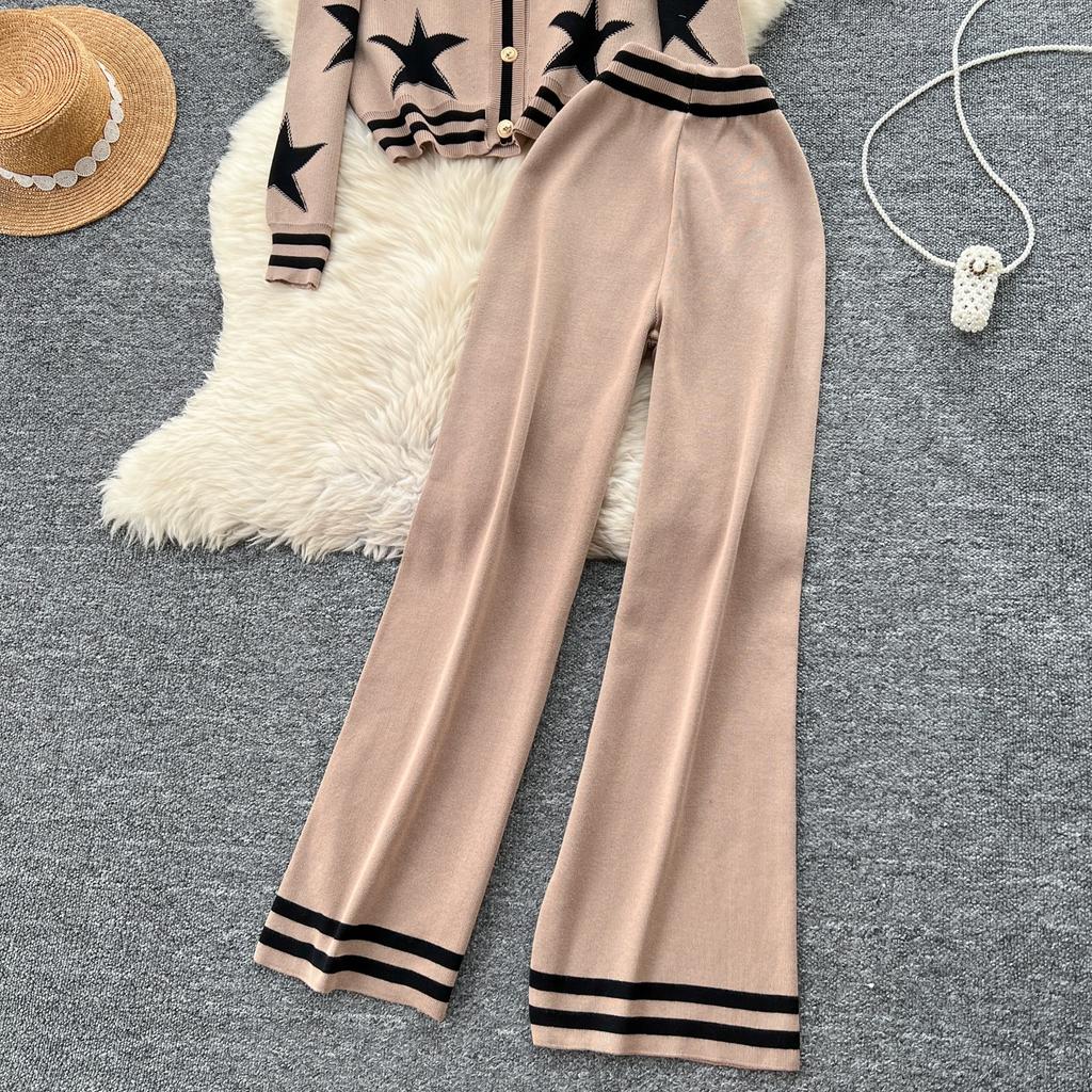 Осенне-зимний комплект из вязаного свитера с принтом звезд, женская куртка с длинным рукавом, пальто + брюки, спортивный костюм из двух частей