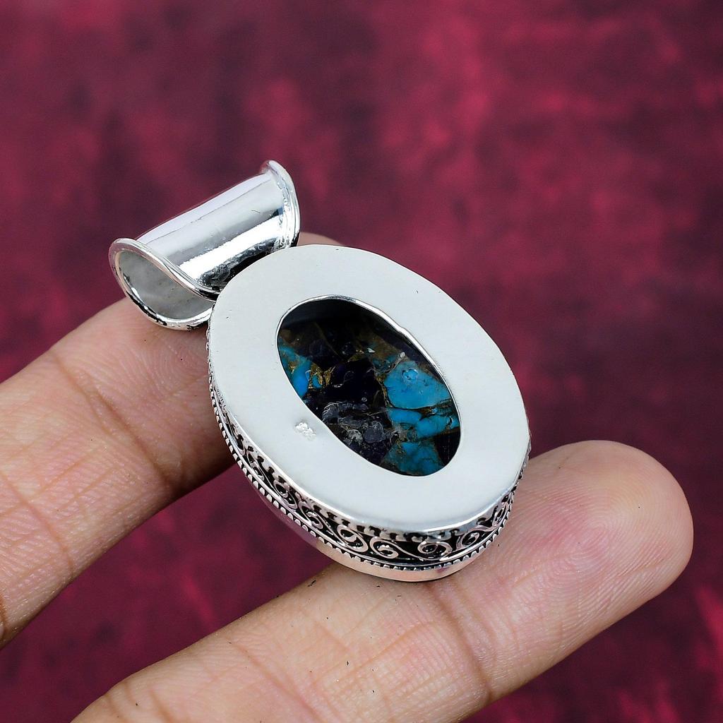 Медный Аметист Бирюза Кулон из драгоценных камней ручной работы, Кулон из стерлингового серебра 925 пробы, Антикварные украшения, Для Дня памяти