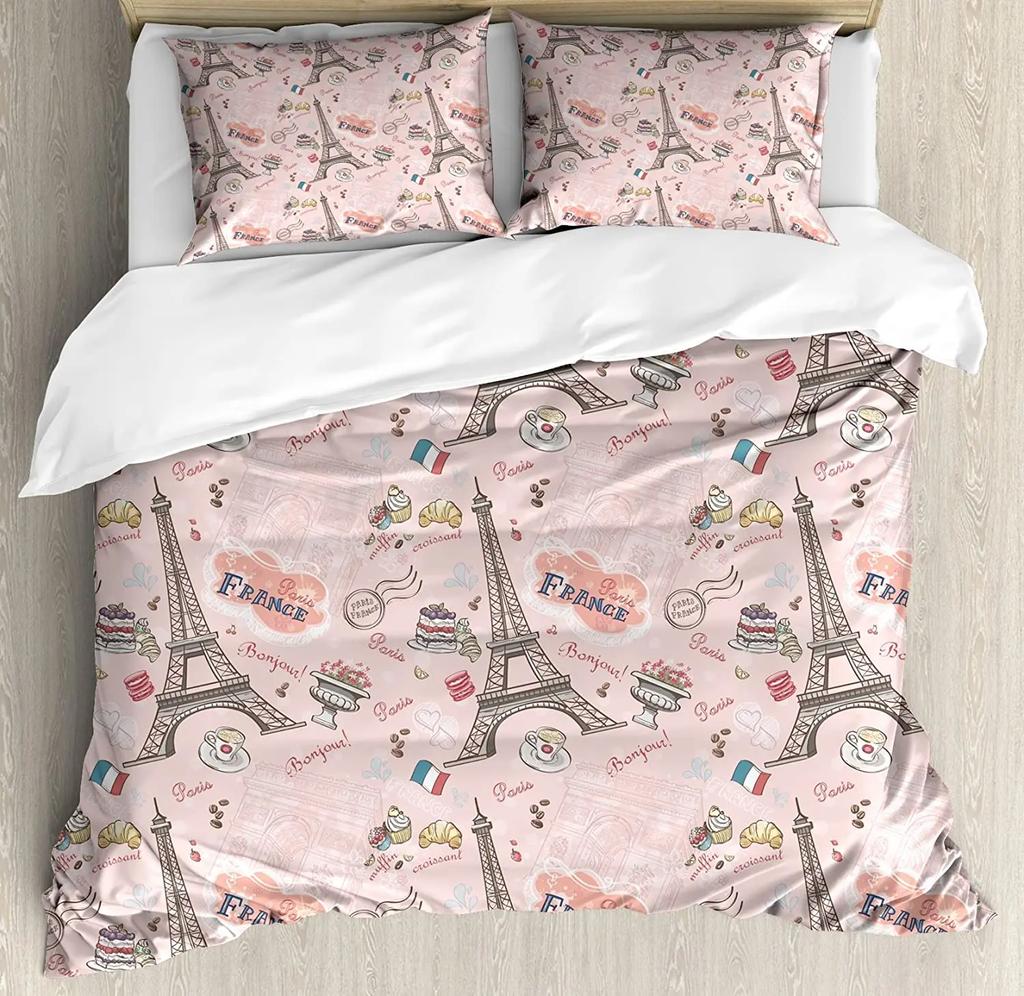 Комплект постельного белья из 3 предметов Франция Париж Эйфелева башня Воздушный шар Велосипед Ретро Пододеяльник Наволочка Мальчик Ребенок Подросток Девочка Комплект постельных покрывал
