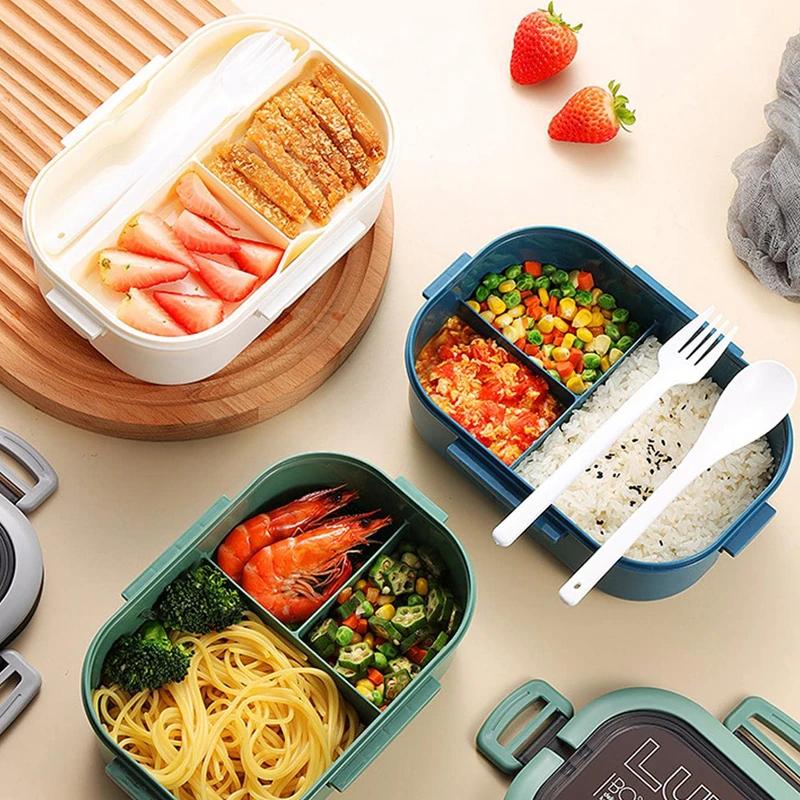 1200 мл 2-слойный ланч-бокс Bento с ложкой и вилкой, детские контейнеры для еды в микроволновой печи большой емкости, портативные герметичные для офиса и кемпинга