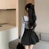 Sailor Collar Short T-shirts Women Bow Striped Long Sleeve Irregular Slim Tops Spring Autumn Japanese Style Sweet Cute Fashion