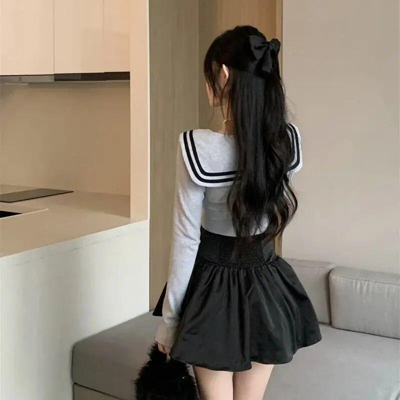 Sailor Collar Short T-shirts Women Bow Striped Long Sleeve Irregular Slim Tops Spring Autumn Japanese Style Sweet Cute Fashion