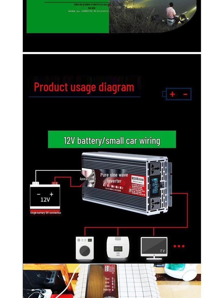 Универсальный инвертор чистой синусоиды для уличной торговли, 48В/60В/72В Трехколесные транспортные средства, Преобразует в 220В или 12В/24В.