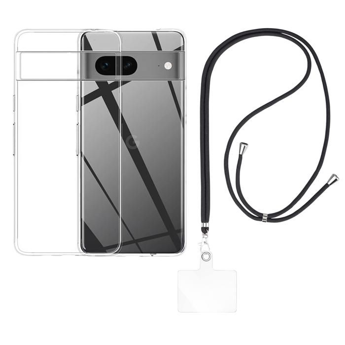 Coque et tour de cou pour Google Pixel 7 - TPU Souple Transparent Cordon Noir réglable Phonillico®