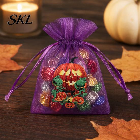 Gift Packaging Bag 12 Pcs Halloween Organza Candy Bag, Drawstring Treat Pouch with Pumpkin Ghost Bat Kids Pouches Print, Sheer Favor for Party Snacks,