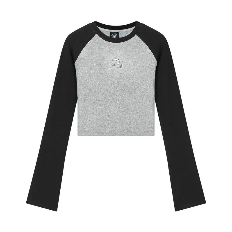 Укороченный топ в стиле гранж в стиле пэчворк, винтажная ребристая футболка с длинными рукавами, корейская модная сексуальная тонкая футболка, уличная одежда 90-х годов, японская