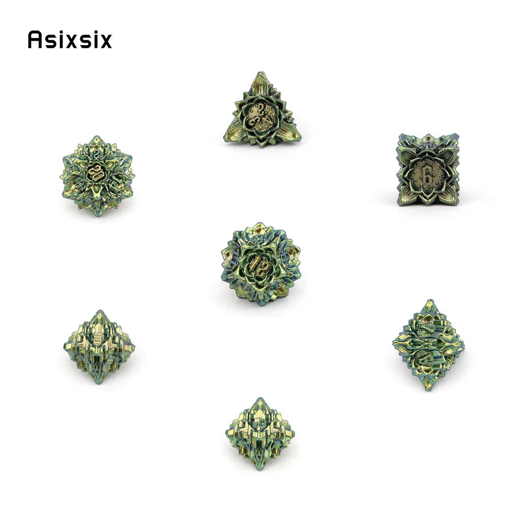7 Pcs Green Yellow Lotus Flower  Metal Dice Solid Metal Polyhedral Dice Set Suitable for Role-Playing RPG  Board Game Card Game