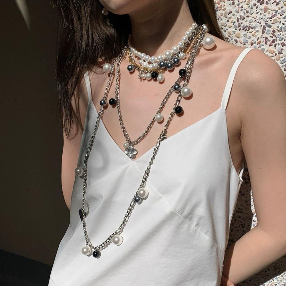 Choker Clavicle Chain Women Flowers Pendant Sweater Chain Pearl Multilayer Necklace Girls