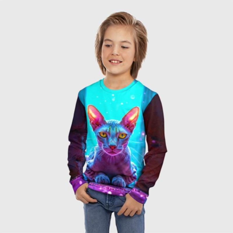 Children's Cartoon Lively Kitten Print Multi-color T-shirts Boys Cute Long Sleeved Soft Comfortable Top