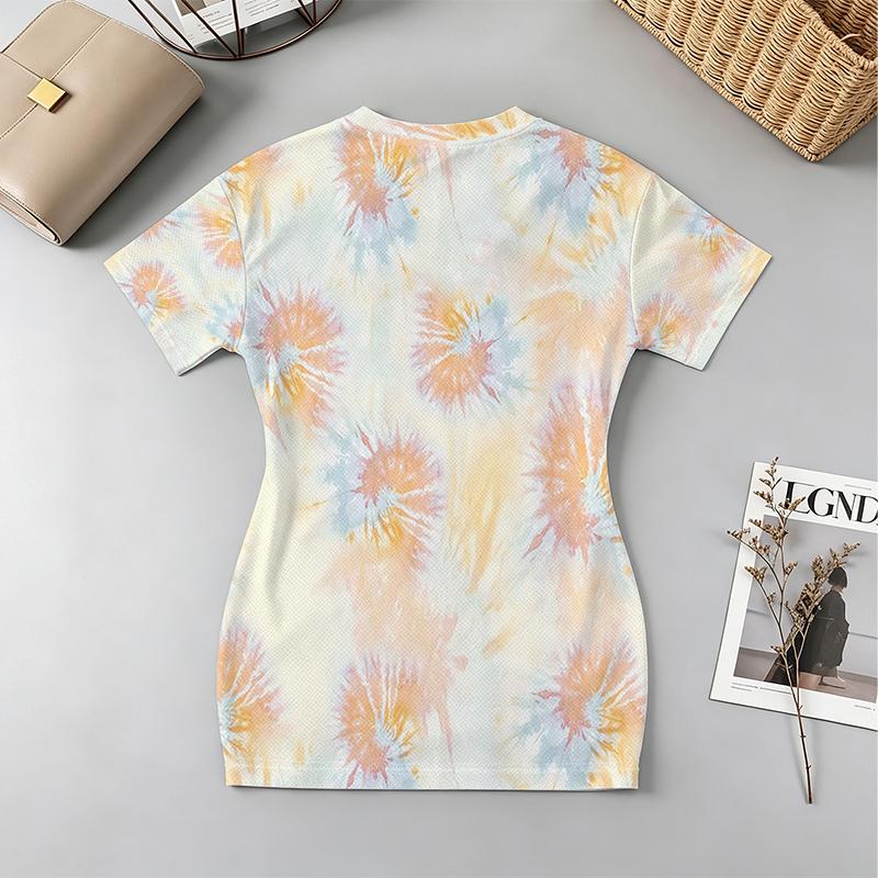 Short Tie-Dye Bodycon Dress,V-Neck Short Sleeves,Soft Form-Fitting Fabric,Versatile for Beach Vacation,Night Market Casual Street Wear