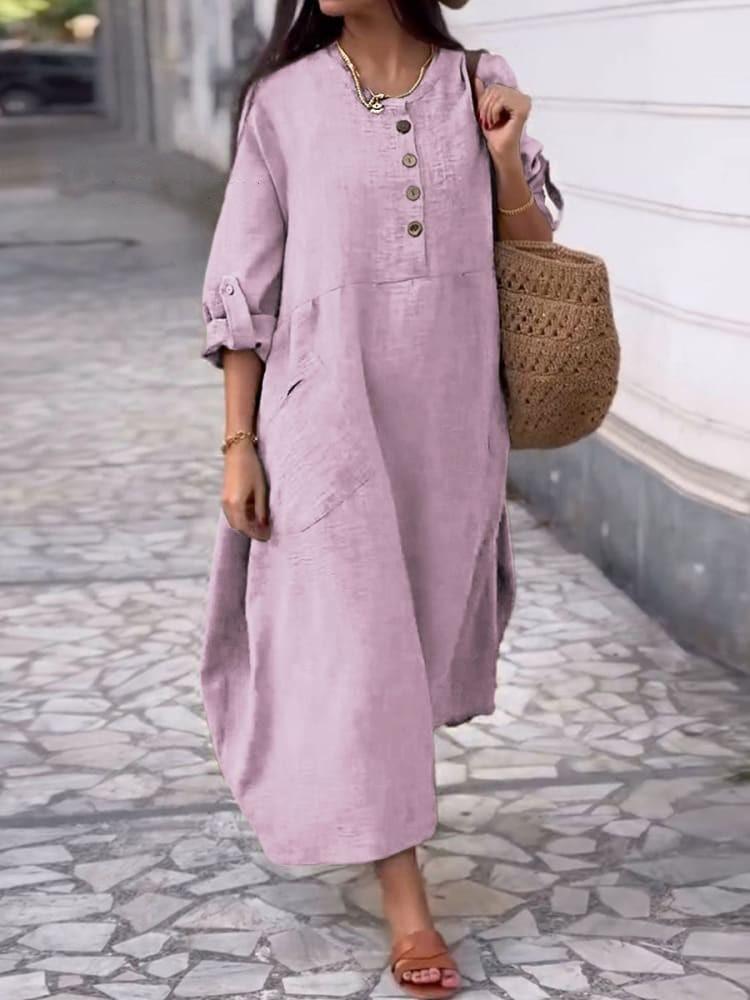 Casual Loose O Neck Pocket Women's Cotton Linen Dresses Spring Summer Solid Color Simple Female Vacation Dress