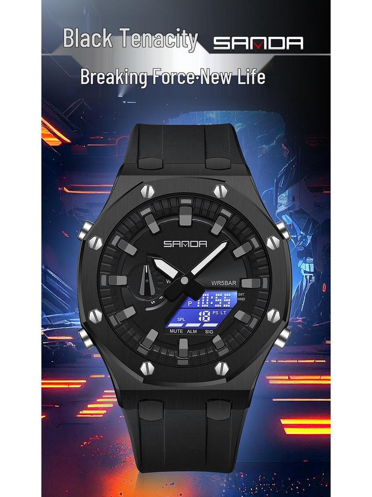 Sanda Octagonal Oak Men's Electronic Sports Watch - Waterproof, Lightweight, with Alarm Clock