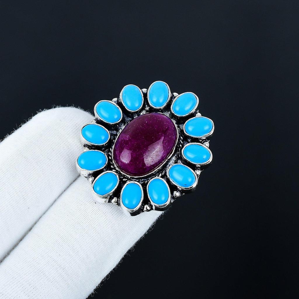 Кольцо с рубином и спящим камнем бирюзы, кольцо из стерлингового серебра 925 пробы, подарок для нее, овальный камень, элегантное кольцо ручной работы, серебряное кольцо с цветком, подарок для жены