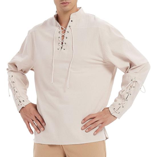 Men Speing Top Stand Collar Lace-up V Neck Long Sleeve Solid Color Gothic Punk Pirate Style Loose Pullover Soft Breathable Men Mid Length Shirt