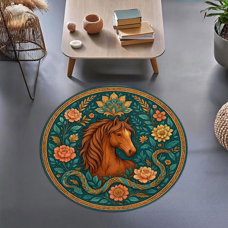 Horse Round Rug with Floral Mandala Boho Animal Carpet for Living Room Bedroom Kids Room Unique Art Floor Home Decor