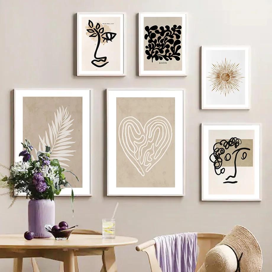 Abstract Boho Leaves Lines Face Heart Sun Posters And Prints Canvas Painting Nordic Wall Art Pictures Living Room Home Decor