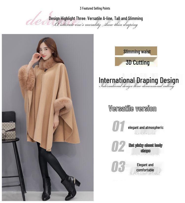 Hepburn Style Mid-Length Wool Coat with Imitation Fur Collar for Women