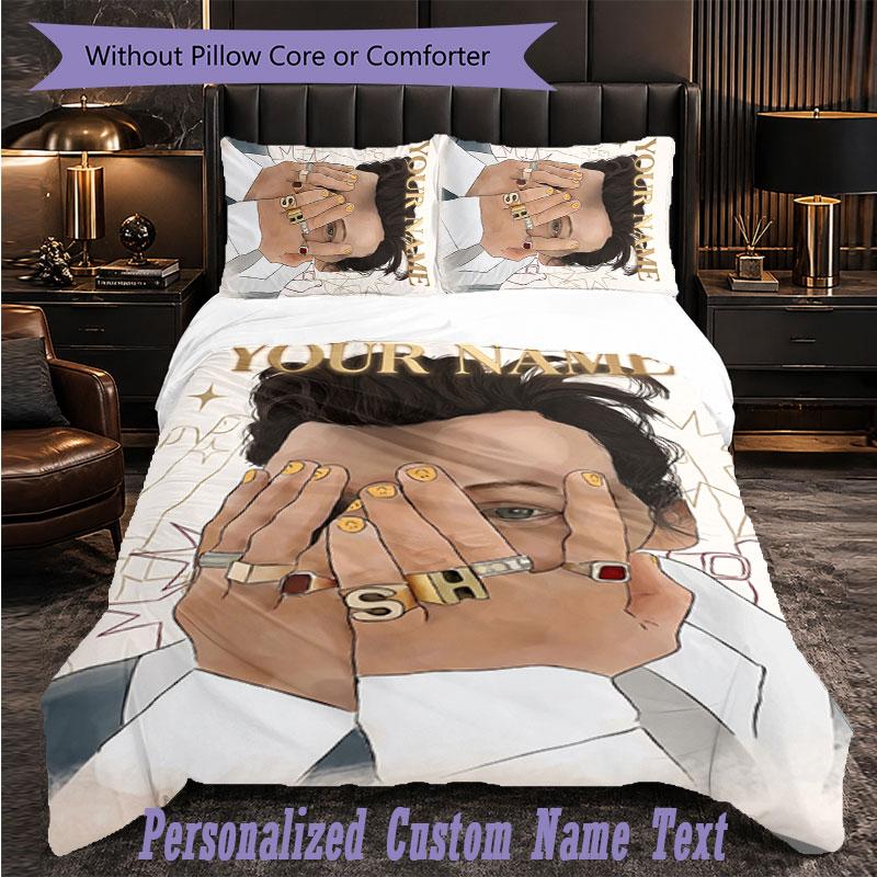 Personalized 3Pcs Bedding SetHarry Styles Custom Text Duvet Cover Pillowcase Set Bedroom Gift