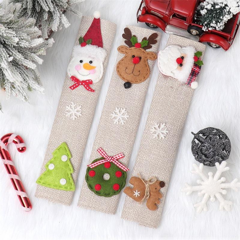 Christmas Home Decoration Items Santa Claus Snowman Elk Linen Refrigerator Handle Stick Microwave Oven Handlebar Cover