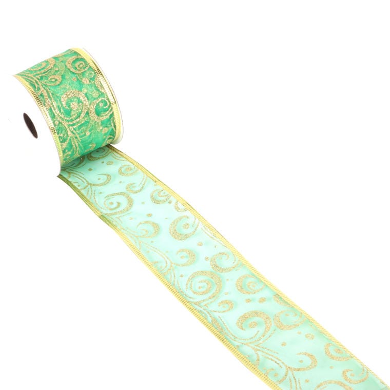 Green and Gold Christmas Ribbon with Glitter and Stiffened Edge 5 cm x 2.7 m