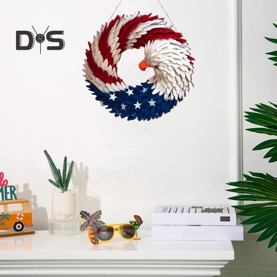 Патриотический венок с орлом 4 июля Деревянное украшение Крытый Открытый входная дверь Настенный подвес День независимости День памяти Дверной знак Подвеска