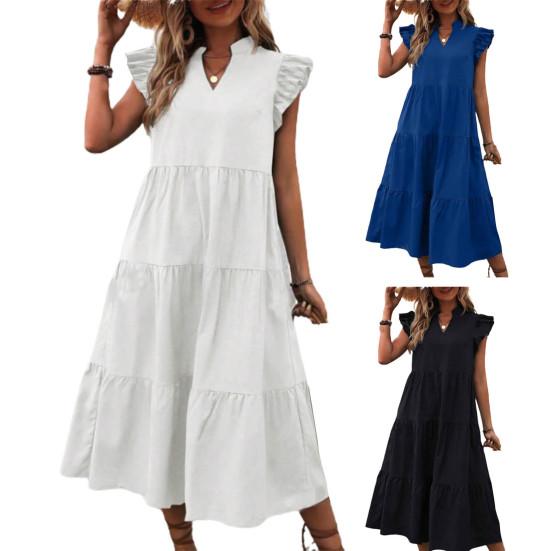 Women Summer Dress V Neck Pure Color A-line Patchwork Big Hem Flying Sleeves Ruffle Pleated Dating Party Vacation Beach Midi Dress