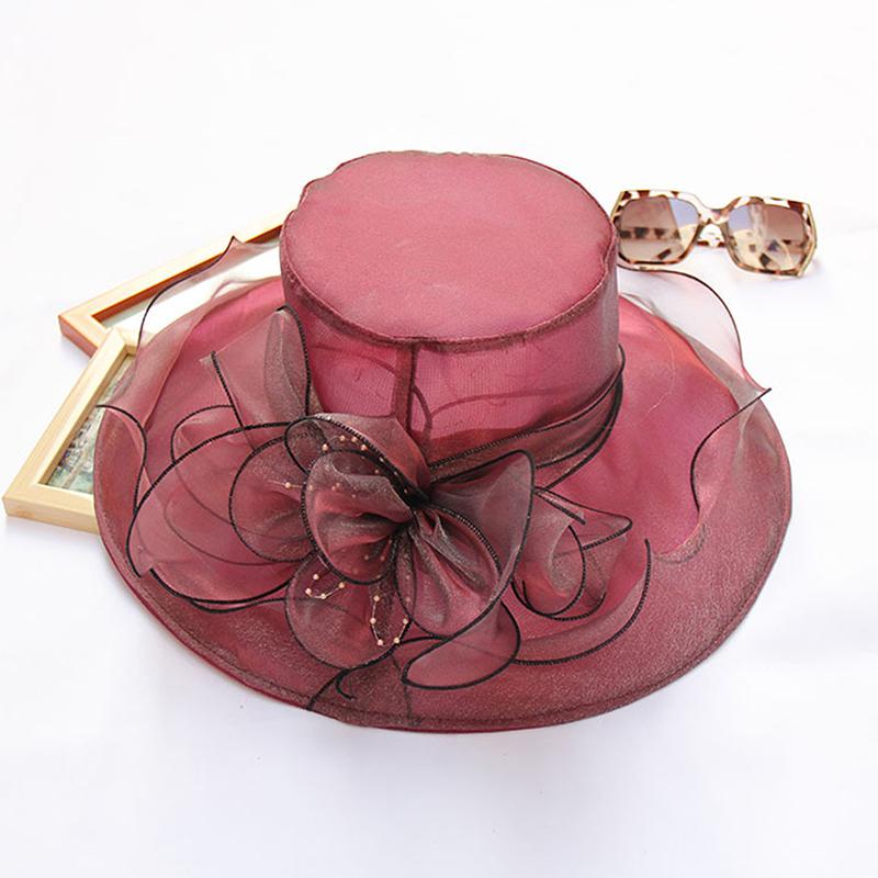 Vintage Organza Wide Brim Hat For Women Church Dress Bridal Wedding Hat Floral Mesh Sun Hat Party Beach Caps