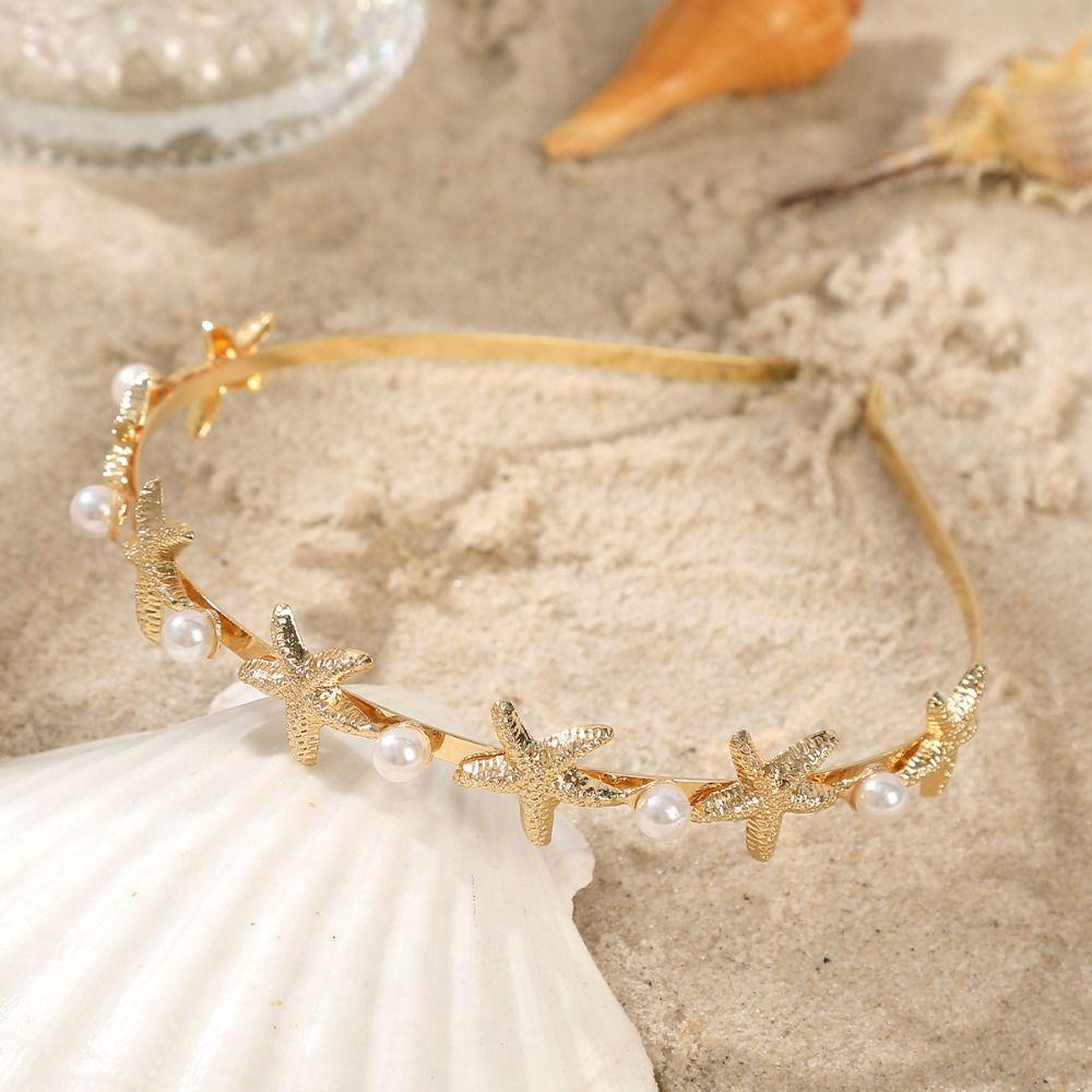 Silver Metal Hairband Gold Color Pearl Hair Hoop Starfish Shell Headband Vacation