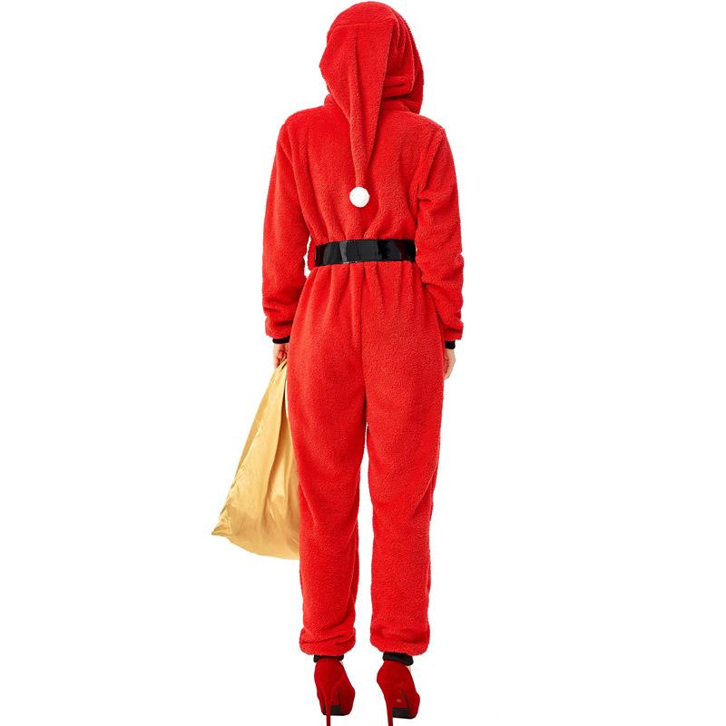 Adult Women Christmas Santa Claus New Year Xmas Red Elf Hooded Jumpsuit Belt Sets Halloween Role Play Dress Up Cosplay Costume