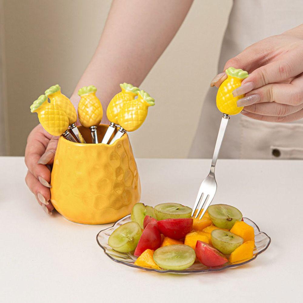 Creative Dessert Forks with Storage Jar Ceramic Fruit Forks Receipt Jar for Tasting Salad