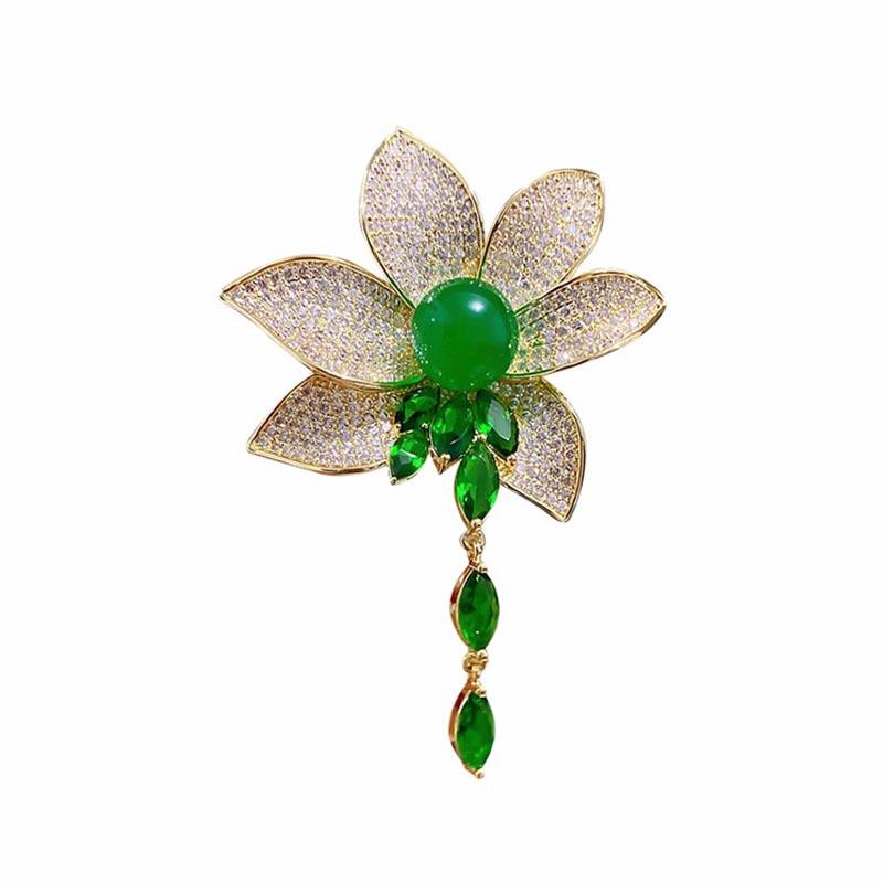Emerald Zircon Lotus Tassel Brooch for Women - Fashionable, Statement Wedding Dinner Accessory Corsage