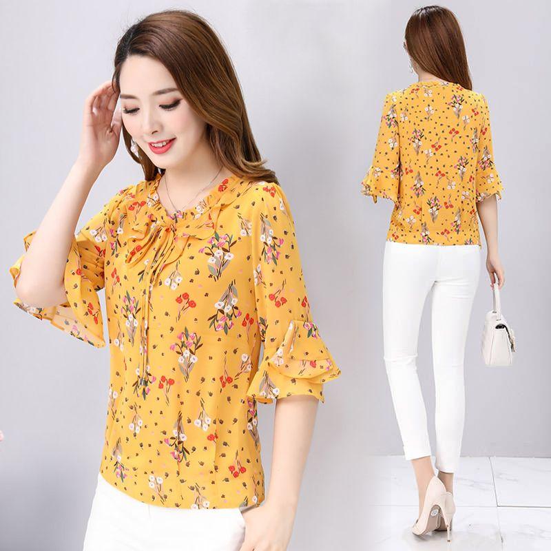 Summer Mid Sleeve Floral Chiffon Shirt for Women Loose and Fashionable Plus Size Shirt Versatile Temperament T-shirt Top