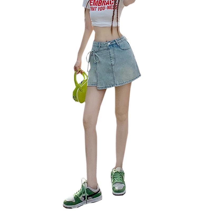 Молодежные и стройнящие светло-голубые шорты с высокой талией, из двух частей, юбка Sense, брюки, бретели, нестандартная модель Ms. Летняя модная джинсовая короткая юбка