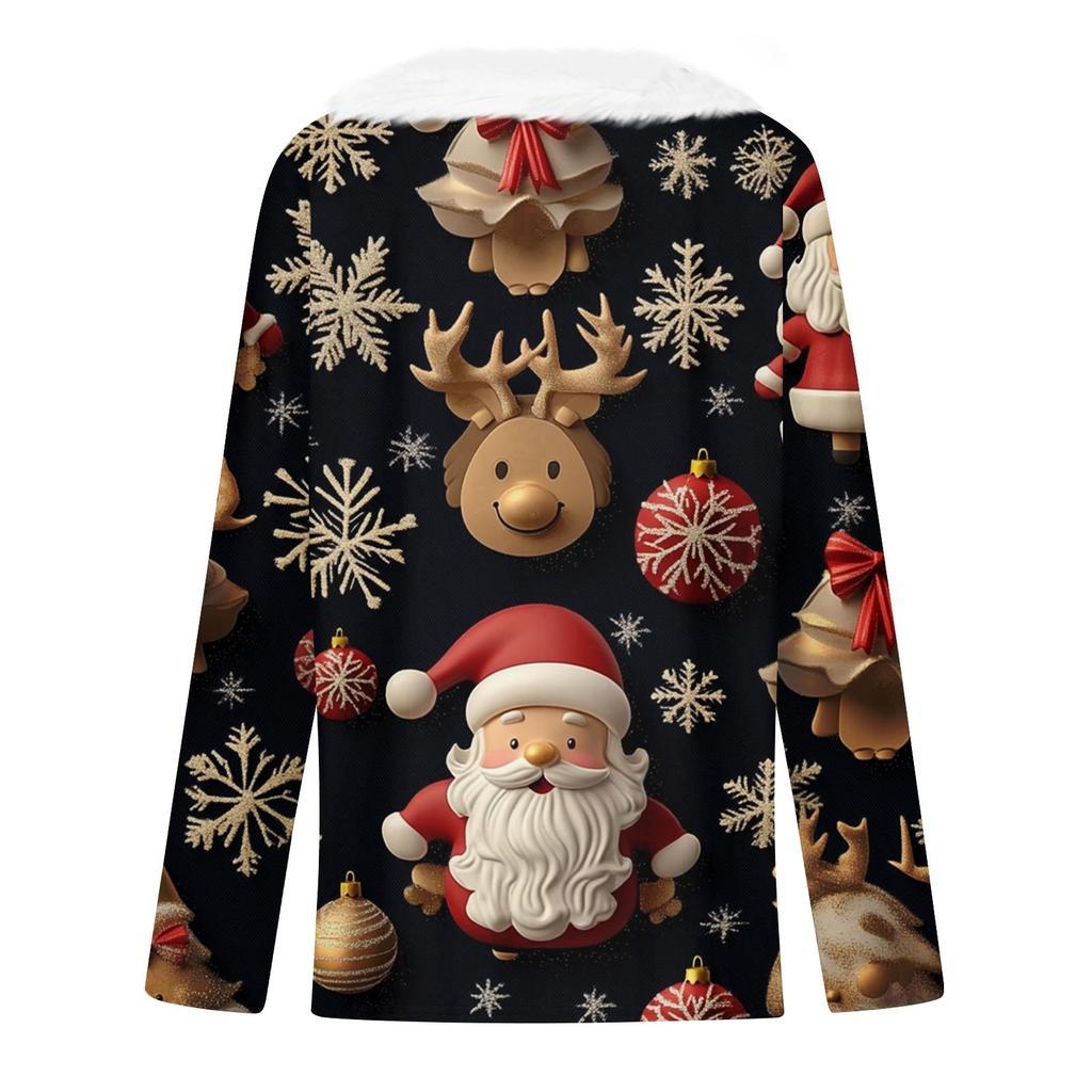 Женский длинный рукав рождественский принт вечеринка плюшевый воротник широкий повседневный V-образный вырез топ