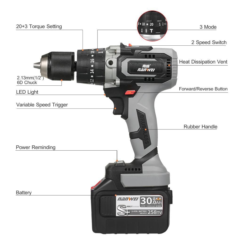 Аккумуляторная дрель-шуруповерт 21 В, максимальный крутящий момент 200 Нм, 20 + 3 положения, 0–2150 об/мин, переменная скорость, удар