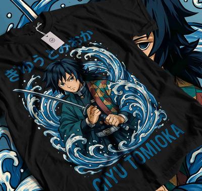 Клинок, рассекающий демонов Kimetsu No Yaiba Гию Томиока Черная футболка