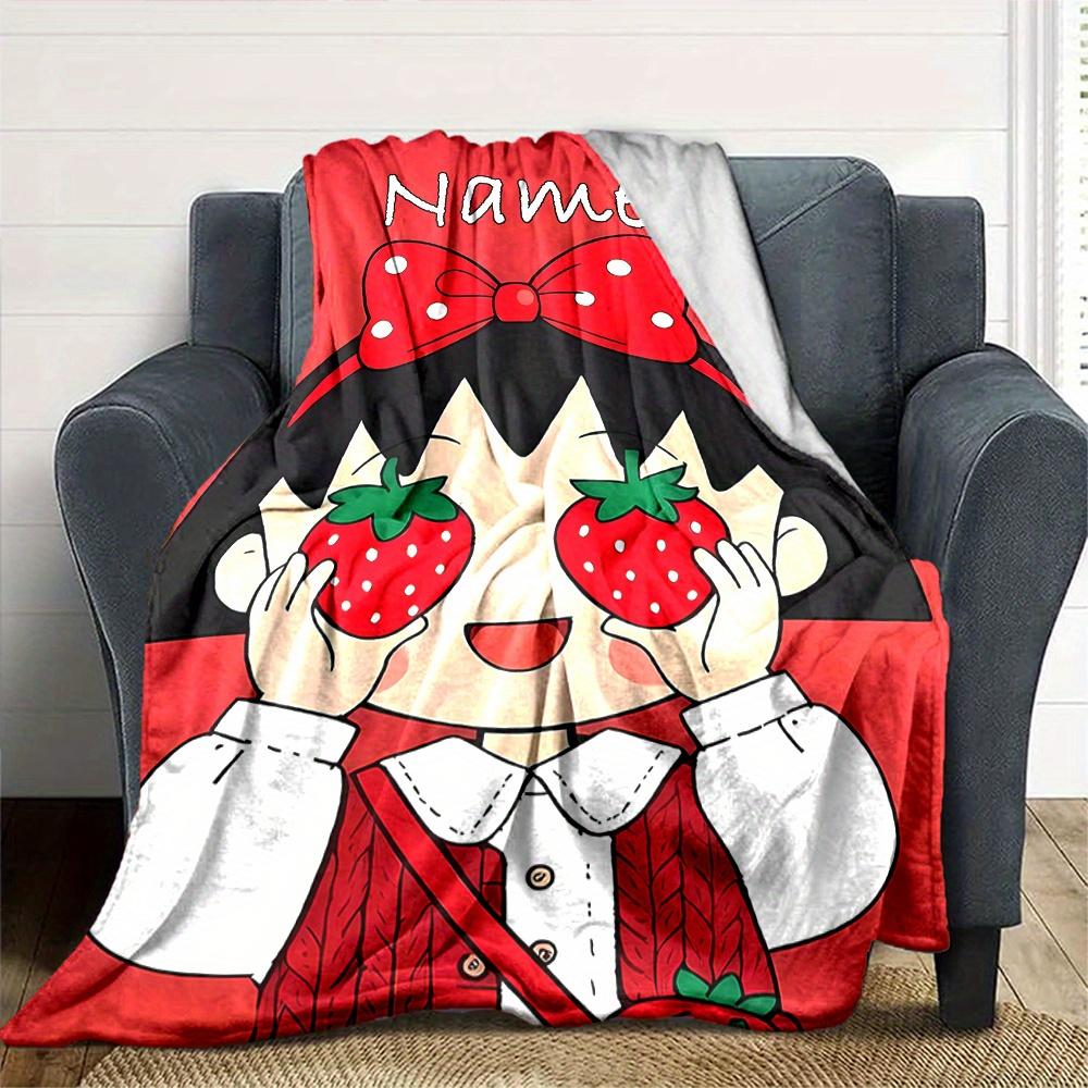 Chibi Marukochan Strawberry Girl Red Bow Cartoon Print Blanket Personalized Name Soft Lightweight And Versatile For Sofa Bed Picnic Office Car Travel