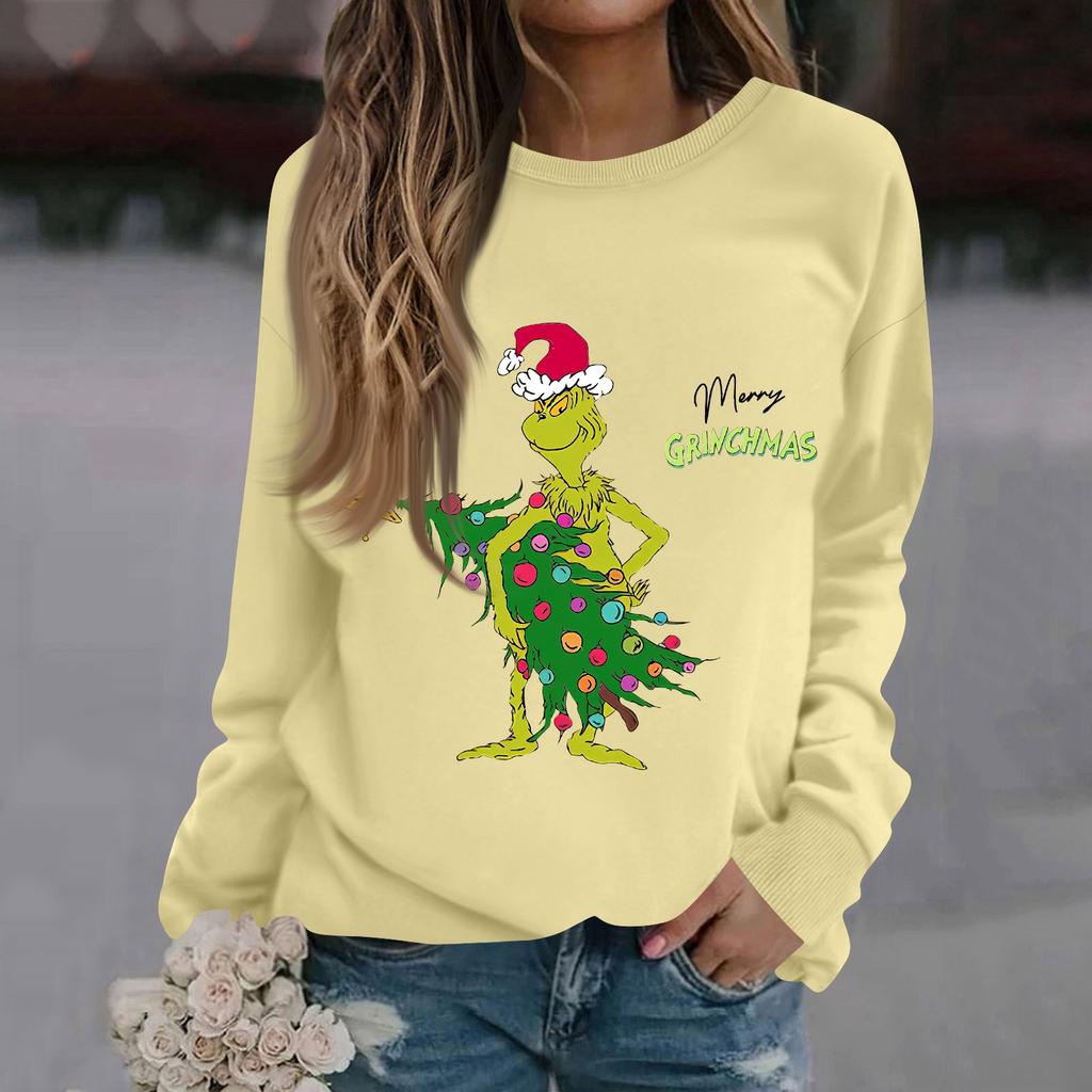 Women's Fashion Casual Long Sleeve Solid Color Christmas Printed Round Neck Top Sweatshirt