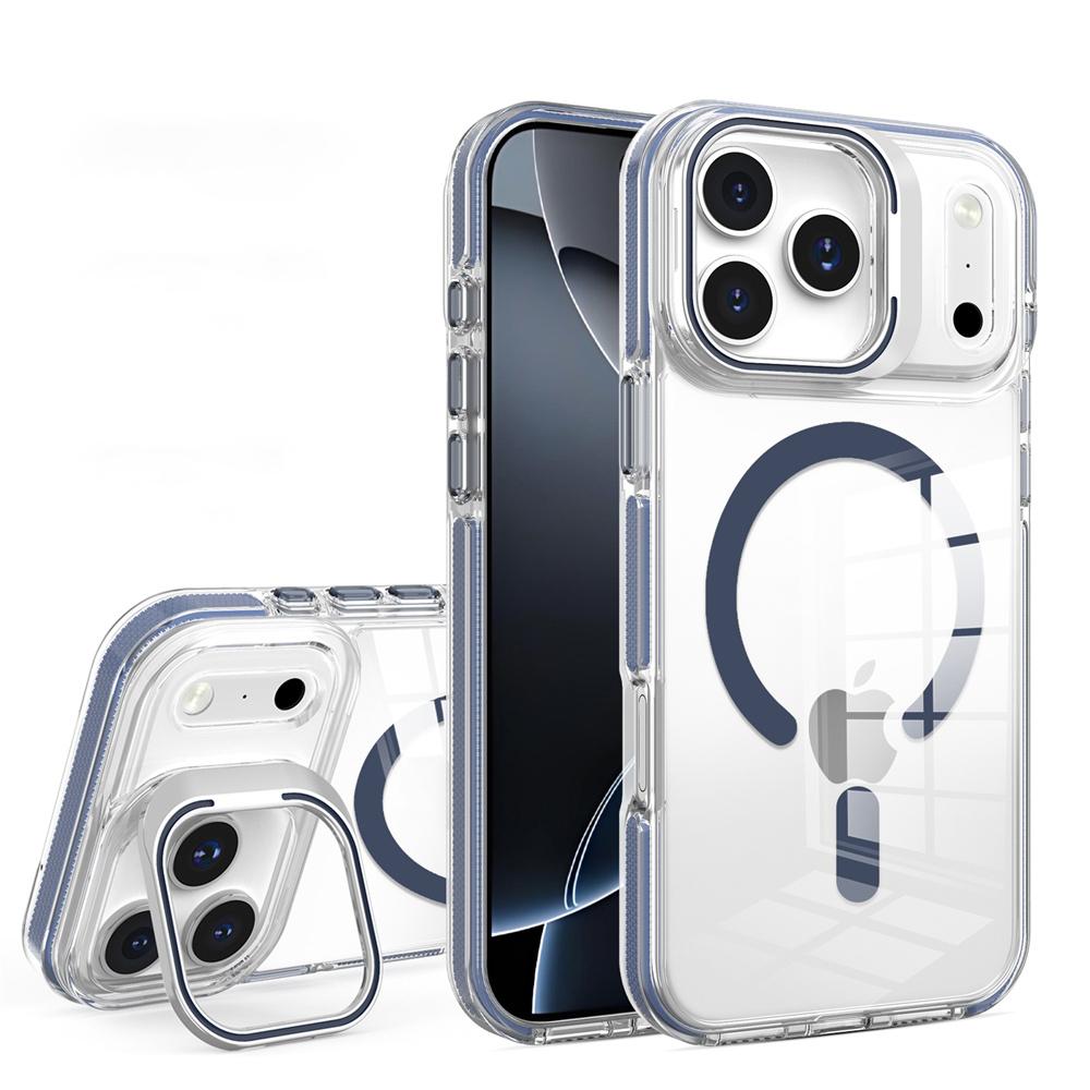 Magnetic Aluminum Alloy Lens Folding Stand Phone Case For 16 17 Pro Max Air 14 15 Plus 13 12 11 Clear Acrylic Back Cover