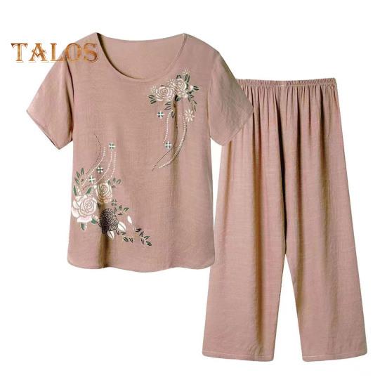2 шт./компл., женская футболка, брюки, комплект домашней одежды, однотонный цветочный принт, круглый вырез с коротким рукавом, топ с широкими штанинами и эластичной резинкой на талии, свободные брюки, пижамы