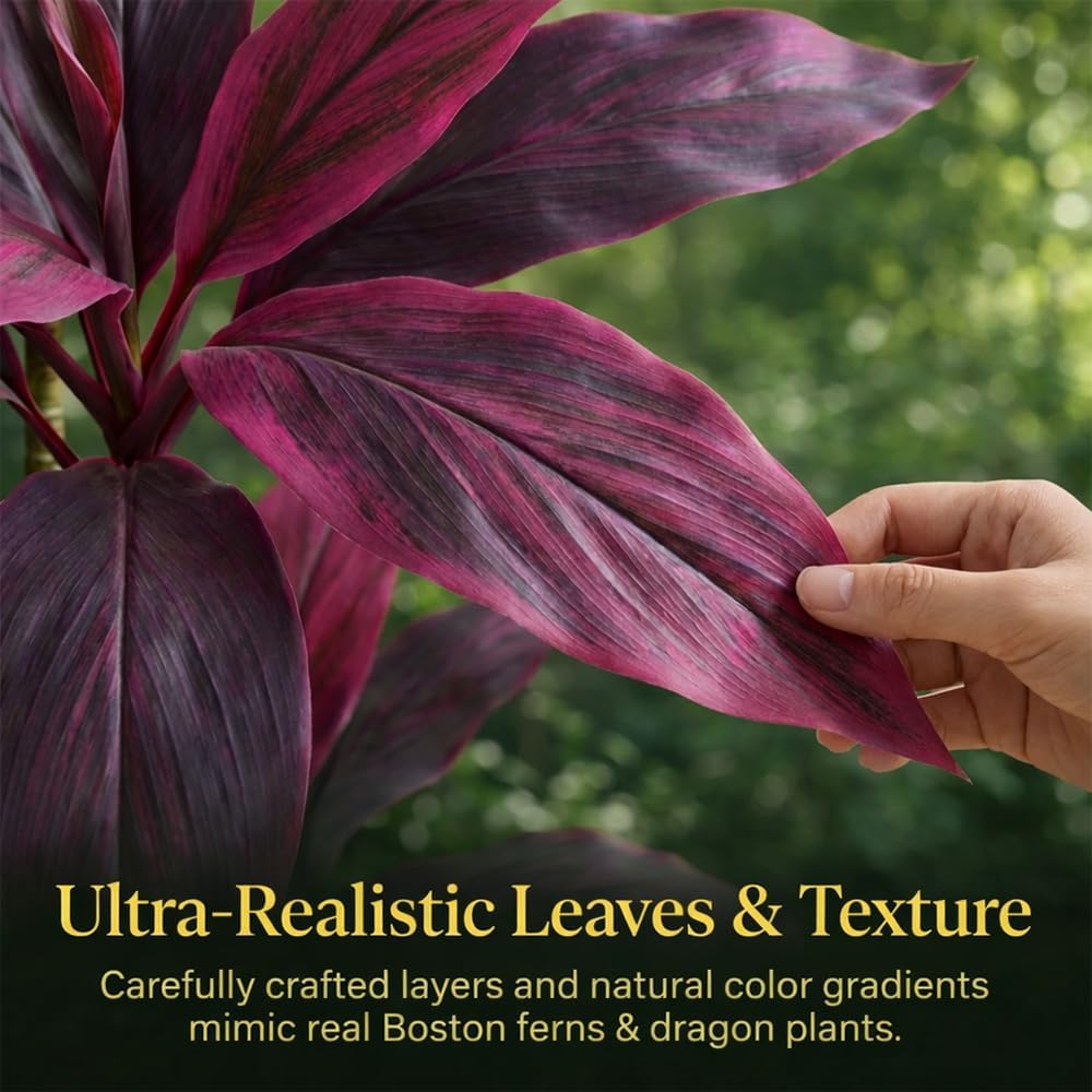 Large Realistic Artificial Boston Fern & Dragon's Blood Tree Artificial Turf UV Resistant Red Cordyline Ti Plants Red/Pink Vibrant Purple Leaves