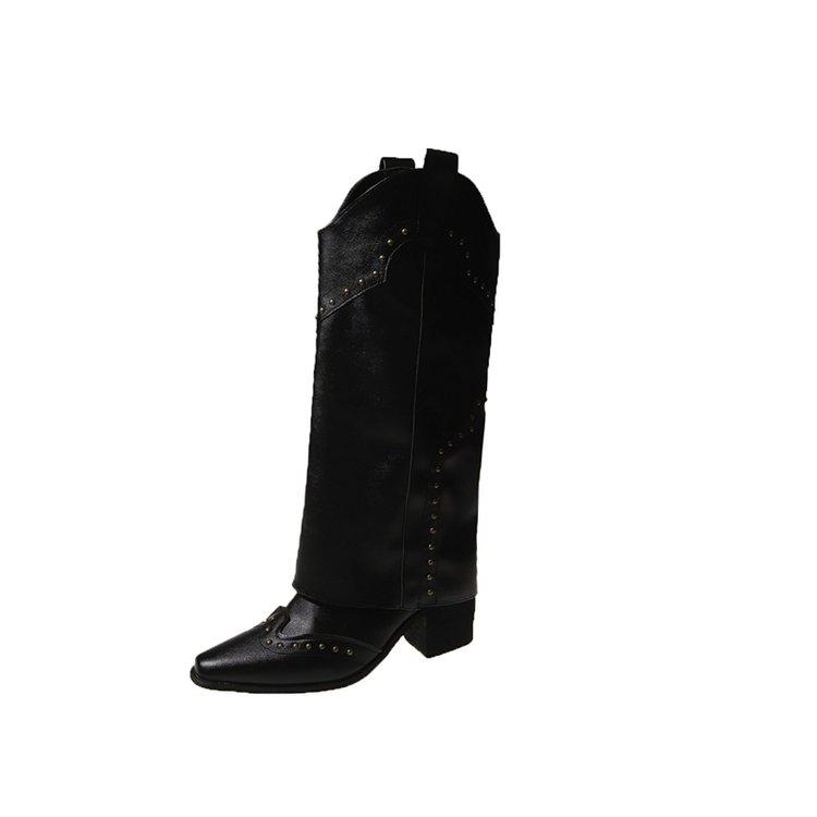 Women Autumn Winter Black Leather Rivets Elegant Slim Knee High Boots Fashion 6.5cm High Heel Pointed Toe Female Long Boots