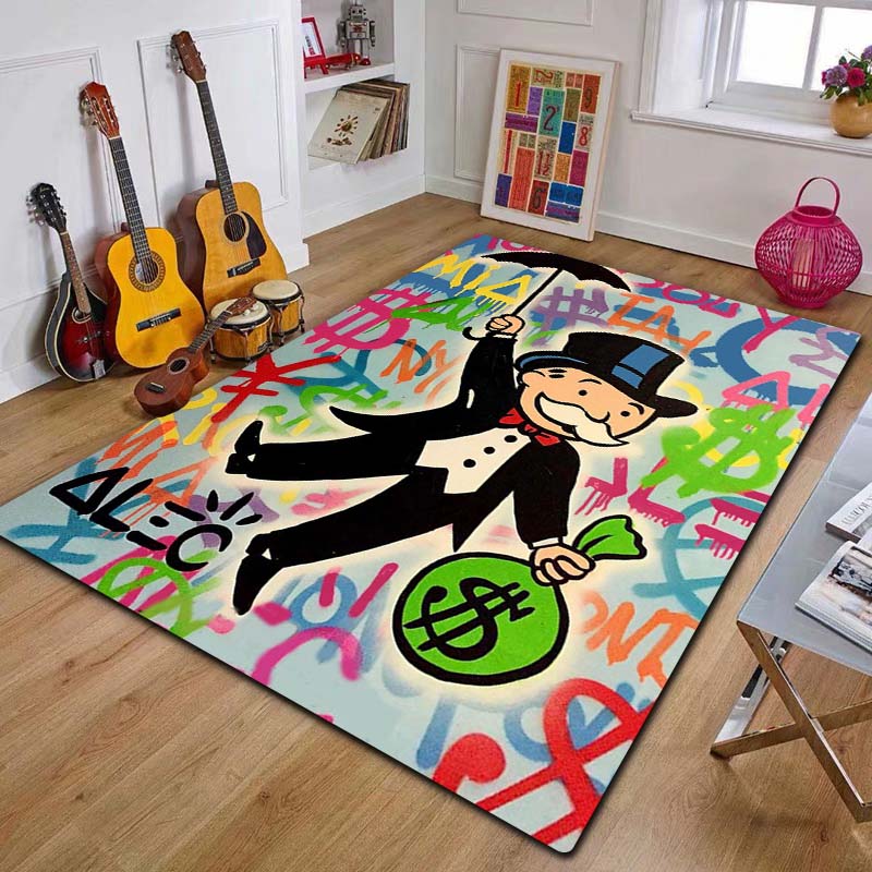 3D Rich Man Game Monopoly Dollar Cartoon Print Flannel Area Rug Non-Slip Floor Mat For Bedroom Sofa Living Room Home Decor Gift