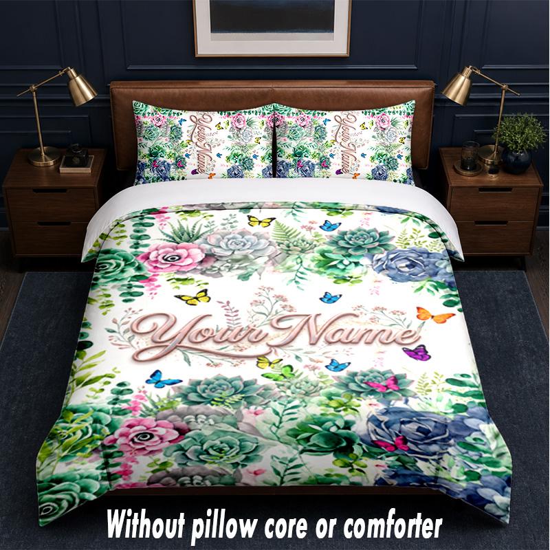 Floral Theme Custom Text Or Name 3Pcs Bedding Set,1 Flat Sheet & 2 Pillowcases Personalized Home Bedding