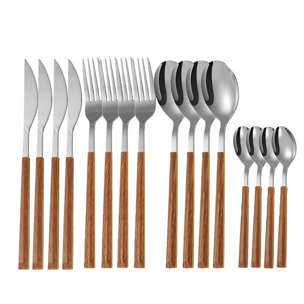 16/24/30Pcs Stainless Steel Imitation Wooden Handle Cutlery Set Silver Dinnerware Knife Spoon Fork Tableware Set