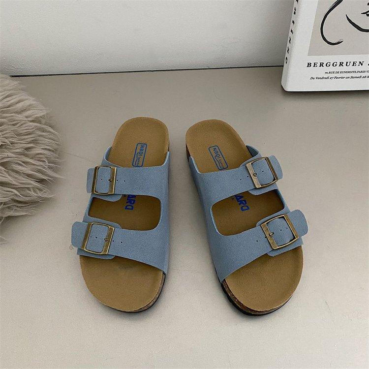 Новые летние женские пробковые тапочки повседневные пляжные с двойной пряжкой нескользящие наружные шлепанцы из нубука из кожи на платформе женские сандалии