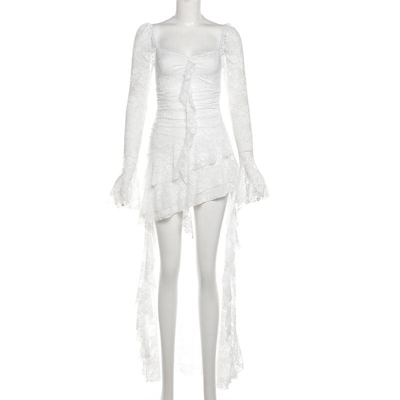 Платье-трапеция в стиле готики Dark Fairycore с кружевом, расклешенными рукавами и квадратным вырезом. Милые платья E-Girl с нестандартным длинным подолом. Вечеринка Cyber Y2K. Платье.