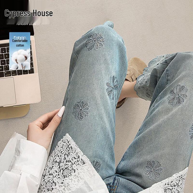 Женские стираные прямые джинсы с вышивкой