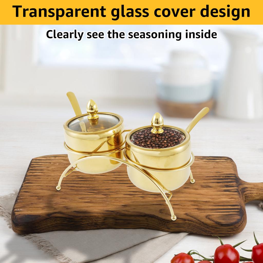 Stainless Steel Sugar Bowl Set with Transparent Glass Cover Bracket Rust Proof Seasoning Box Smooth Seasoning Jar Compact Sugar